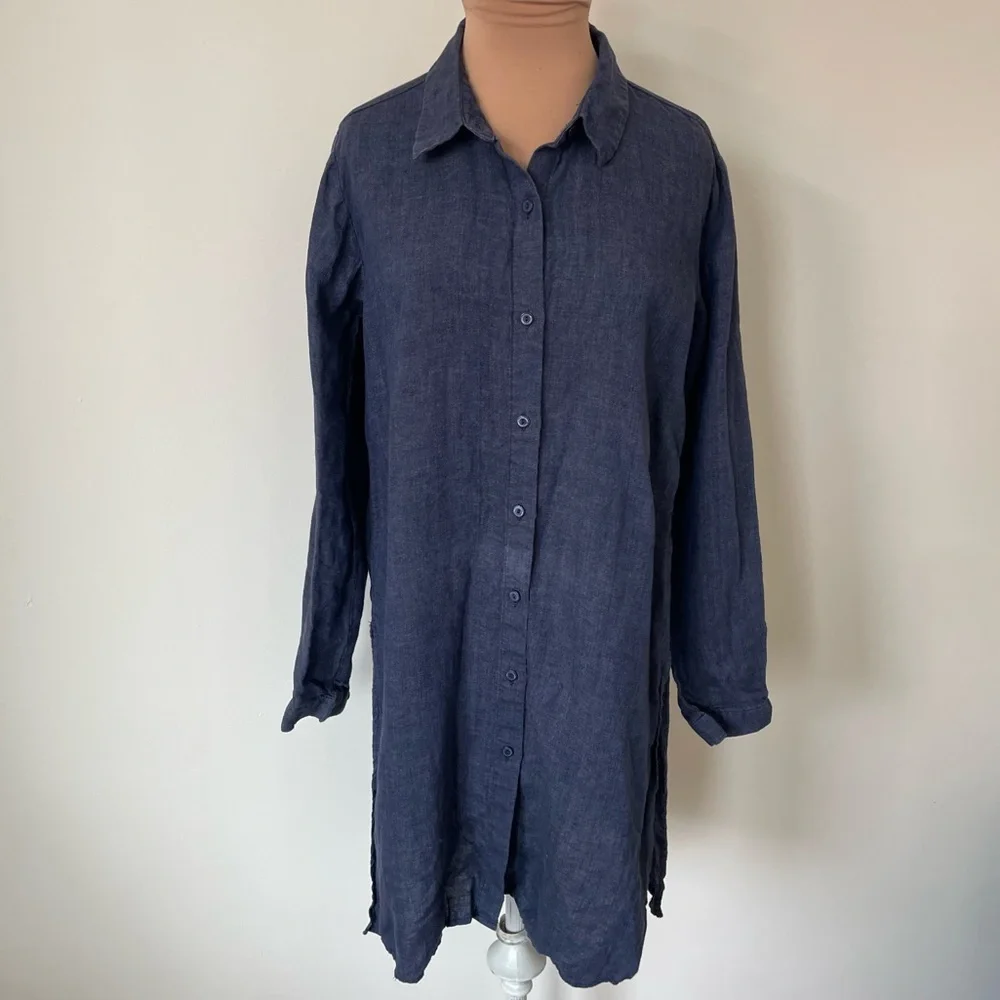 Eileen Fisher Washed Organic Linen Délavé Dusk Blue Button Down Long Shirt XXS